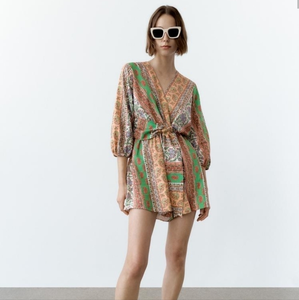 Zara Linen Blend Summer Festival jumpsuit Bohemian romper back split vacation L